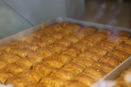Traditional turkish dessert baklava with cashew, walnuts. Homemade baklava with nuts and honey.
