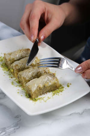 Traditional turkish dessert baklava with cashew, walnuts. Homemade baklava with nuts and honey.の写真素材