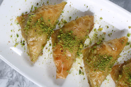 Traditional turkish dessert baklava with cashew, walnuts. Homemade baklava with nuts and honey.