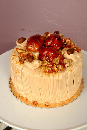 Board with delicious cake on table