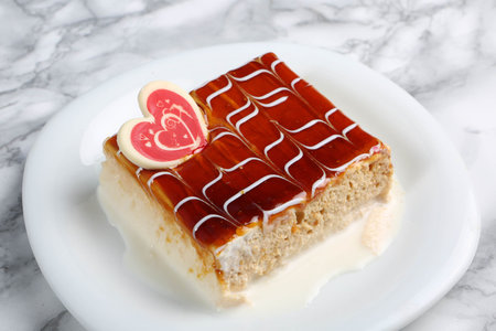 Board with delicious cake on table
