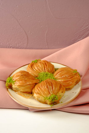 Traditional turkish dessert baklava with cashew, walnuts. Homemade baklava with nuts and honey.