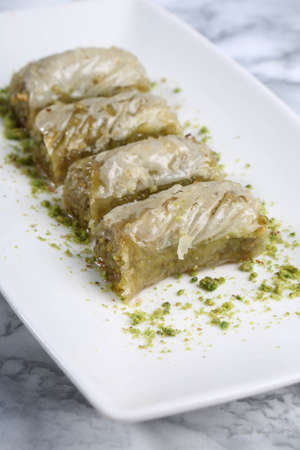 Traditional turkish dessert baklava with cashew, walnuts. Homemade baklava with nuts and honey.の写真素材