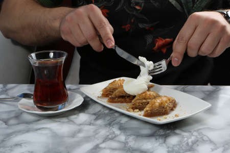 Traditional turkish dessert baklava with cashew, walnuts. Homemade baklava with nuts and honey.の写真素材