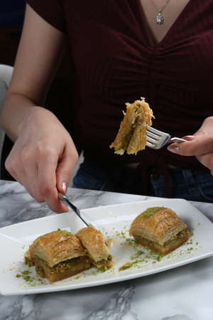 Traditional turkish dessert baklava with cashew, walnuts. Homemade baklava with nuts and honey.の写真素材