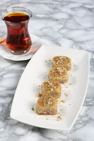 Traditional turkish dessert baklava with cashew, walnuts. Homemade baklava with nuts and honey.