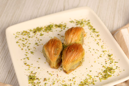 Traditional turkish dessert baklava with cashew, walnuts. Homemade baklava with nuts and honey.