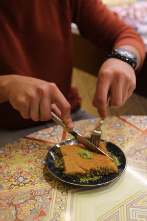 Traditional turkish dessert baklava with cashew, walnuts. Homemade baklava with nuts and honey.
