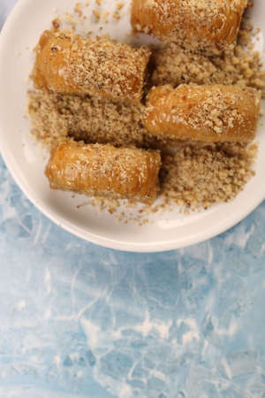Traditional turkish dessert baklava with cashew, walnuts. Homemade baklava with nuts and honey.の写真素材