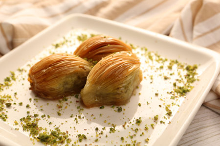 Traditional turkish dessert baklava with cashew, walnuts. Homemade baklava with nuts and honey.の写真素材