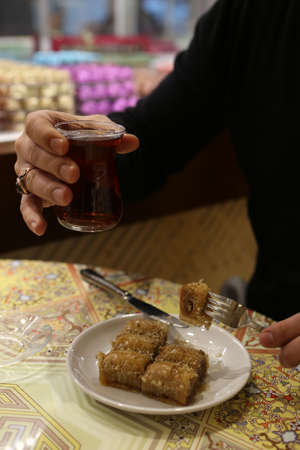 Traditional turkish dessert baklava with cashew, walnuts. Homemade baklava with nuts and honey.の写真素材