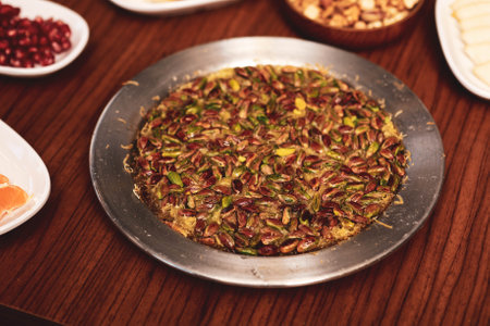 Turkish dessert kunefe, kunafa, kadayif with pistachio powder and cheese hot eaten a sweetの写真素材