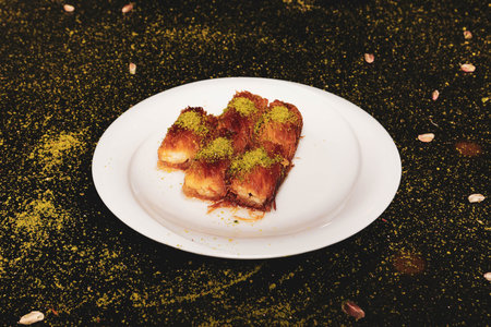 Turkish dessert kunefe, kunafa, kadayif with pistachio powder and cheese hot eaten a sweet