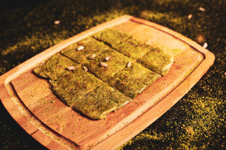 Turkish dessert kunefe, kunafa, kadayif with pistachio powder and cheese hot eaten a sweetの写真素材