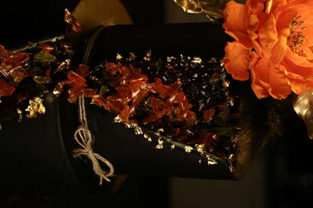 Board with delicious cake on tableの写真素材