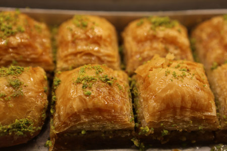 Traditional turkish dessert baklava with cashew, walnuts. Homemade baklava with nuts and honey.