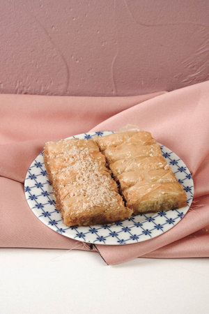 Traditional turkish dessert baklava with cashew, walnuts. Homemade baklava with nuts and honey.