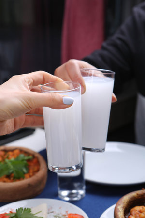 Turkish and Greek Traditional Dinning Table with Special Alcohol Drink Raki. Ouzo and Turkish Raki...