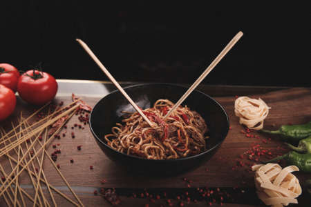 Tasty appetizing classic Italian pasta with a delicious sauce.の写真素材