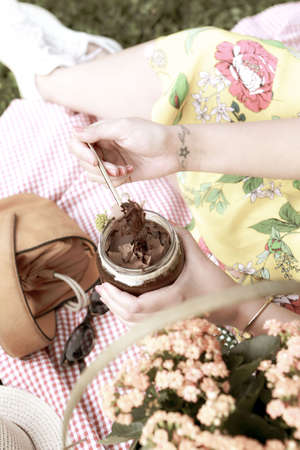 Very delicious dessert in jars, sweet and cakes in jarsの写真素材