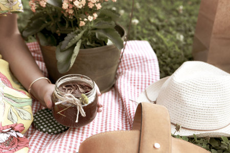 Very delicious dessert in jars, sweet and cakes in jars