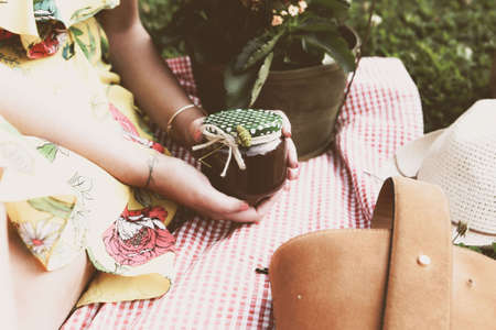 Very delicious dessert in jars, sweet and cakes in jarsの写真素材