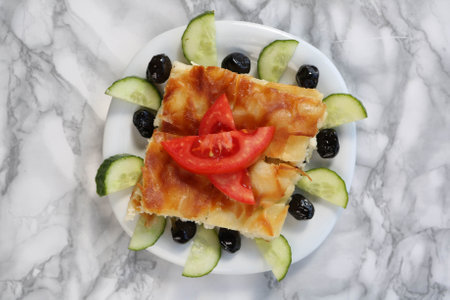 delicious layered pastry with cheese fillingの写真素材