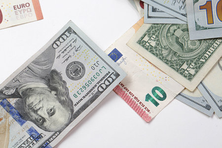 Multi Euro Dollar cash and coin, Different type of new generation banknotes, bitcoin, turkish lira