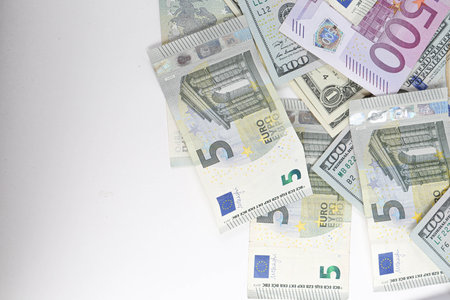 Multi Euro Dollar cash and coin, Different type of new generation banknotes, bitcoin, turkish lira