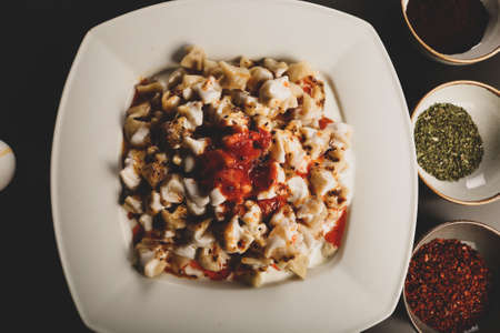 Turkish Manti Manlama on plateの写真素材