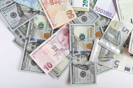 Multi Euro Dollar cash and coin, Different type of new generation banknotes, bitcoin, turkish liraの写真素材