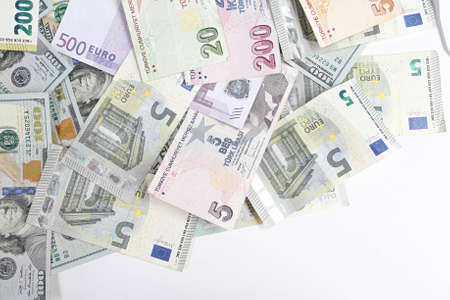 Multi Euro Dollar cash and coin, Different type of new generation banknotes, bitcoin, turkish liraの写真素材