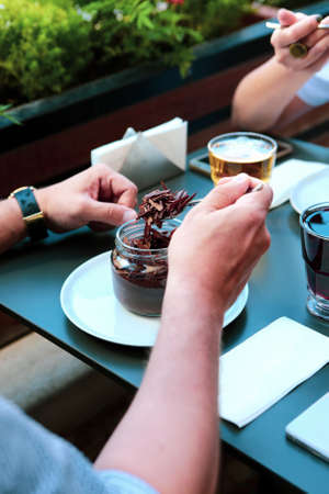 Very delicious dessert in jars, sweet and cakes in jarsの写真素材