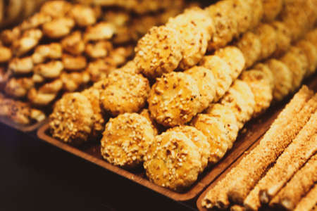 Group of assorted cookies. Chocolate chip, oatmeal raisin, white chocolateの写真素材