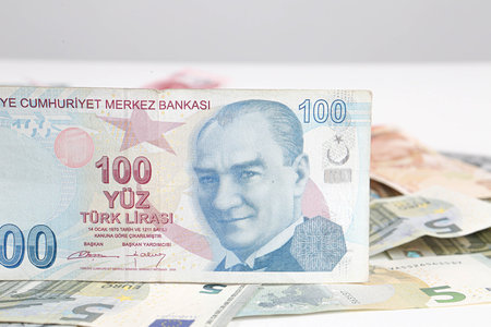Multi Euro Dollar cash and coin, Different type of new generation banknotes, bitcoin, turkish lira