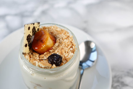 Very delicious dessert in jars, sweet and cakes in jarsの写真素材