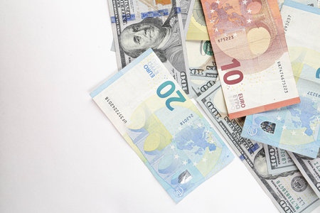 Multi Euro Dollar cash and coin, Different type of new generation banknotes, bitcoin, turkish lira