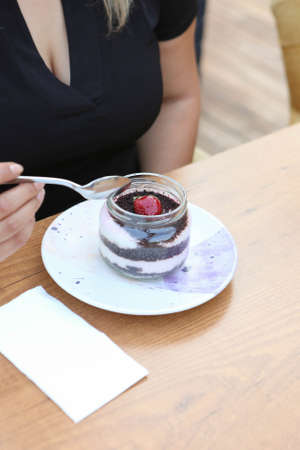 Very delicious dessert in jars, sweet and cakes in jarsの写真素材