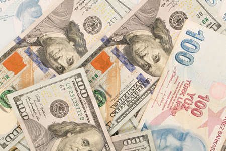 Multi Euro Dollar cash and coin, Different type of new generation banknotes, bitcoin, turkish liraの写真素材