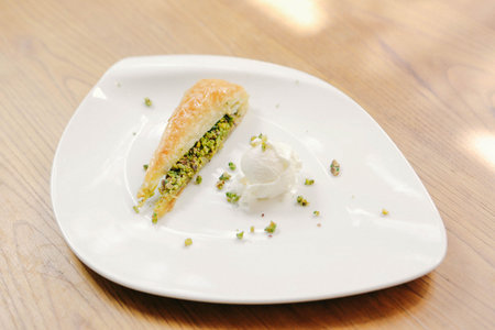 Traditional turkish dessert baklava with cashew, walnuts. Homemade baklava with nuts and honey.の写真素材