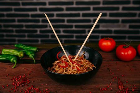 Tasty appetizing classic Italian pasta with a delicious sauce.の写真素材