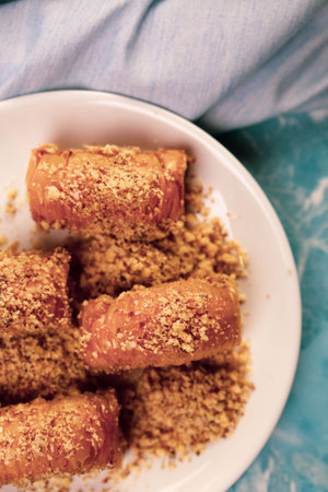 Traditional turkish dessert baklava with cashew, walnuts. Homemade baklava with nuts and honey.