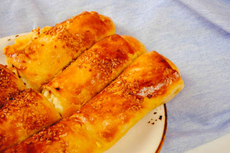 delicious layered pastry with cheese fillingの写真素材