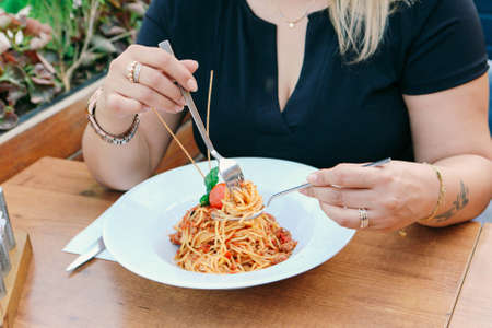 Tasty appetizing classic Italian pasta with a delicious sauce.の写真素材