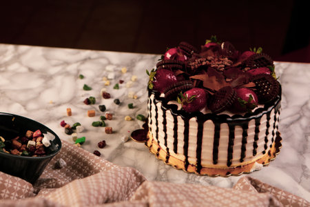 Board with delicious cake on table