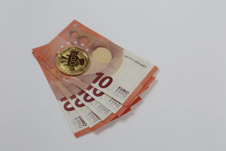 Multi Euro Dollar cash, Different type of new generation banknotes, bitcoin