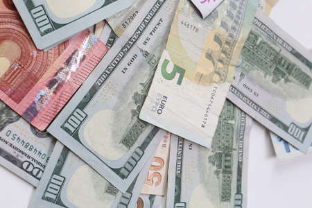 Multi Euro Dollar cash and coin, Different type of new generation banknotes, bitcoin, turkish liraの写真素材