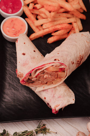 delicious meat durum, turkish kebab, sandwich wrapの写真素材