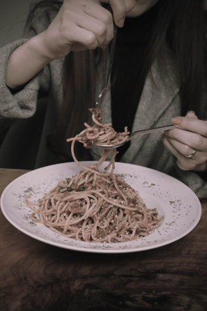 Tasty appetizing classic Italian pasta with a delicious sauce.の写真素材