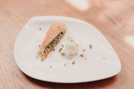 Traditional turkish dessert baklava with cashew, walnuts. Homemade baklava with nuts and honey.の写真素材
